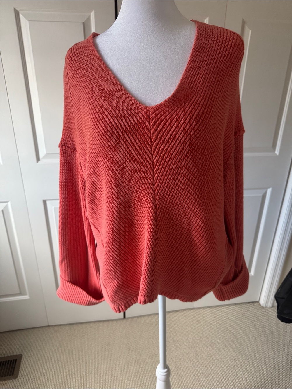 Free People Oversized V-Neck Sweater in Coral